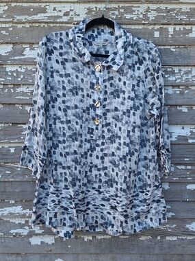 John Mark Gray Patterned Button Front Women’s Top Linen Blend Size Large